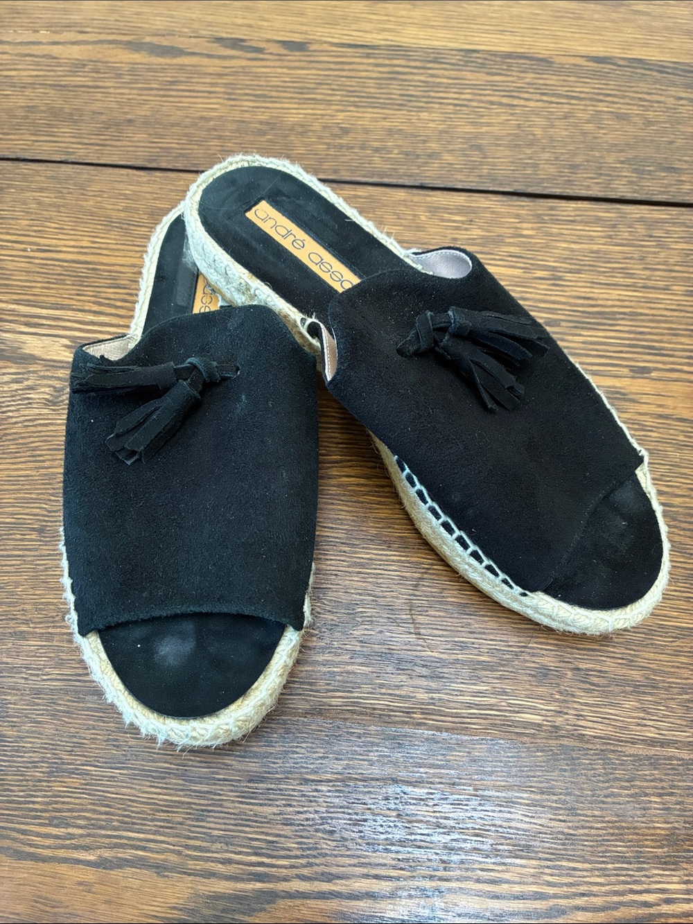 Andre Assous Black Suede Tassel Espadrille Slide